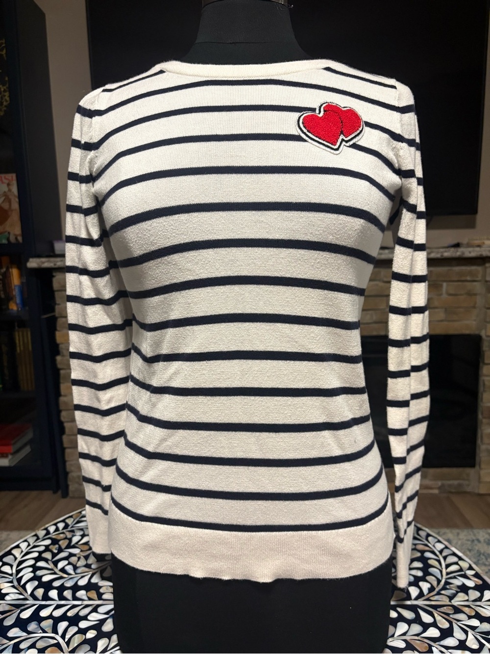 LOFT White and Navy Striped Long Sleeve Sweater with Red Heart Patch